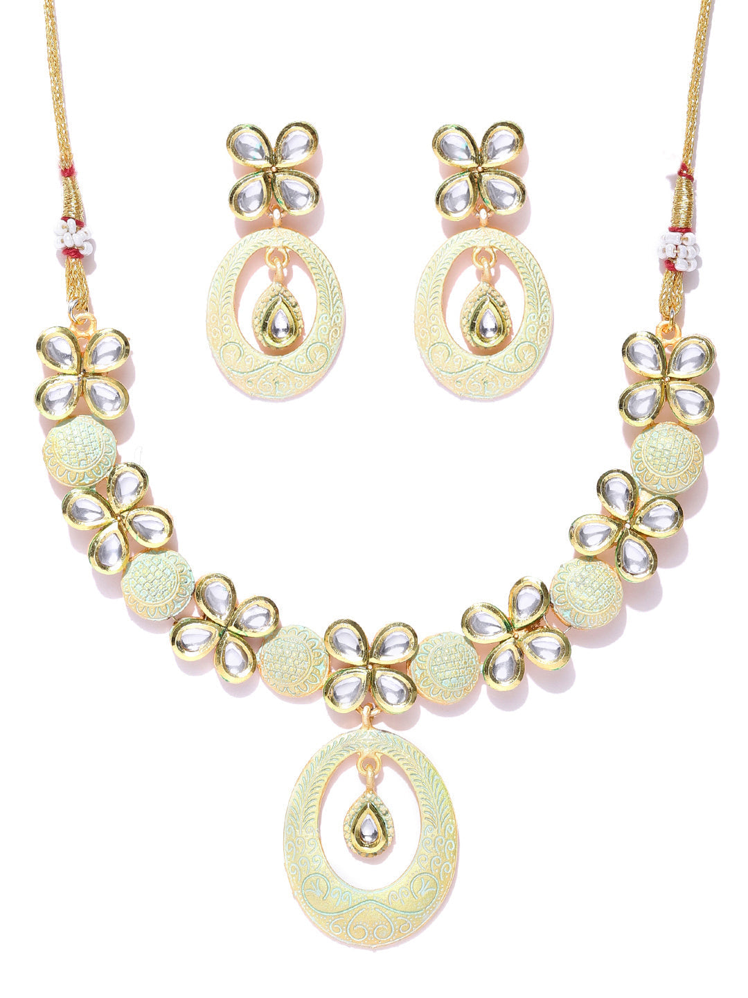 Priyaasi Women Sea Green Kundan Gold-Polished Meenakari Jewellery Set - Swadesiicart
