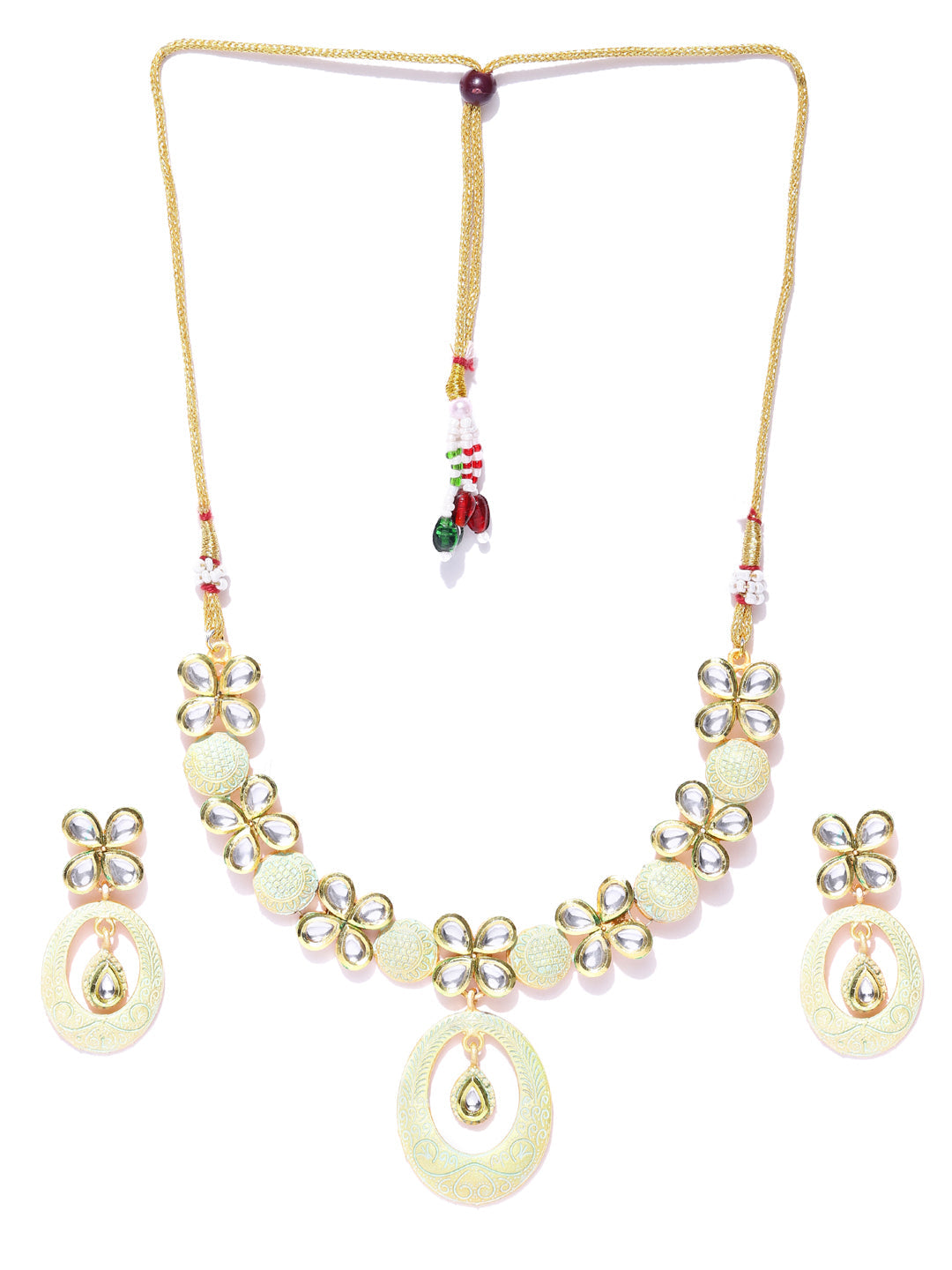 Priyaasi Women Sea Green Kundan Gold-Polished Meenakari Jewellery Set - Swadesiicart