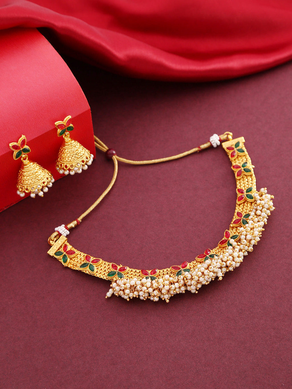 Priyaasi Women White Beads Ruby Emerlad Gold-Polished Jewellery Set - Noz2Toz
