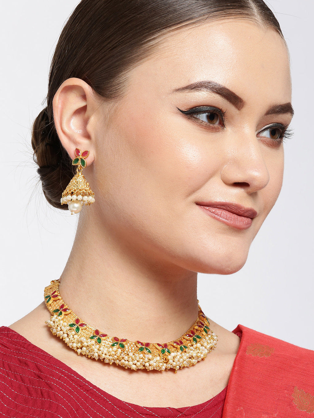 Priyaasi Women White Beads Ruby Emerlad Gold-Polished Jewellery Set - Swadesiicart