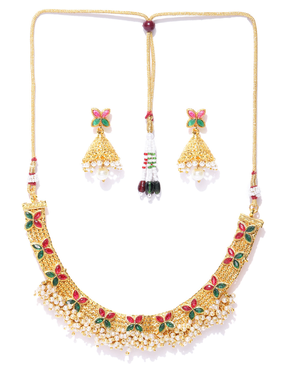 Priyaasi Women White Beads Ruby Emerlad Gold-Polished Jewellery Set - Swadesiicart