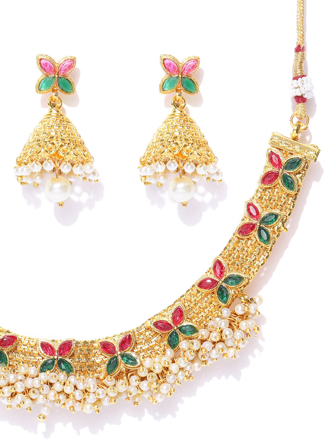 Priyaasi Women White Beads Ruby Emerlad Gold-Polished Jewellery Set - Swadesiicart