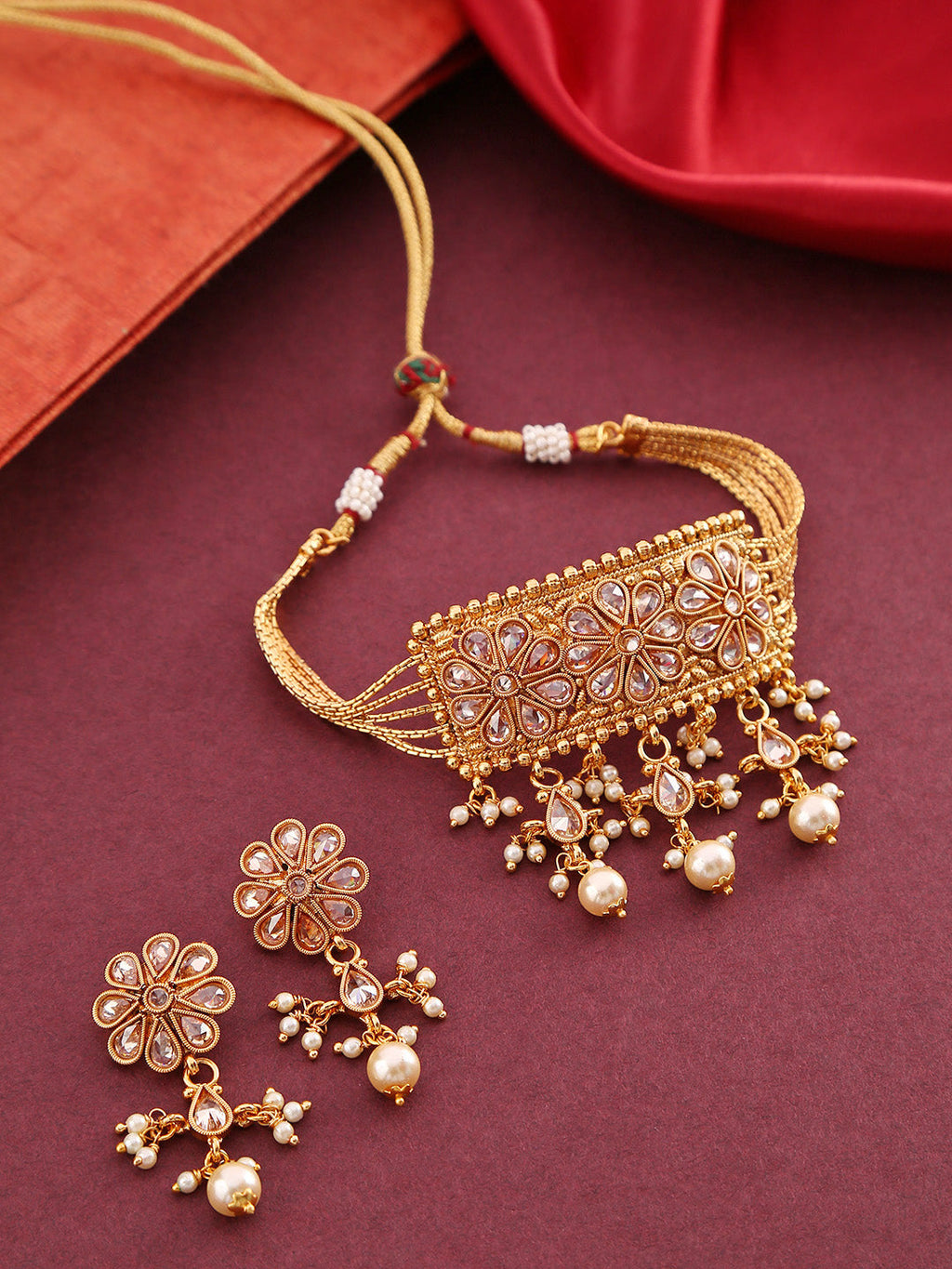 Priyaasi Women Kundan Pearls Beads Gold-Polished Jewellery Set - Noz2Toz
