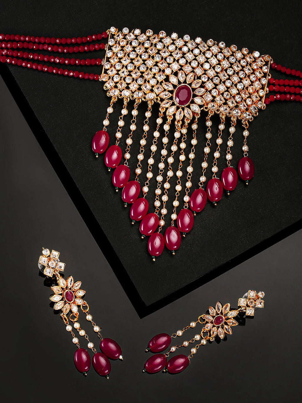 Priyaasi Women Red Beads Ruby Kundan Cubic Zirconia Gold-Polished Jewellery Set - Noz2Toz