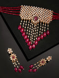 Priyaasi Women Red Beads Ruby Kundan Cubic Zirconia Gold-Polished Jewellery Set - Noz2Toz