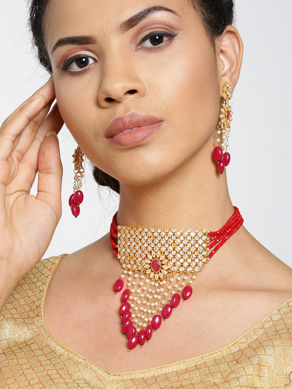 Priyaasi Women Red Beads Ruby Kundan Cubic Zirconia Gold-Polished Jewellery Set - Swadesiicart