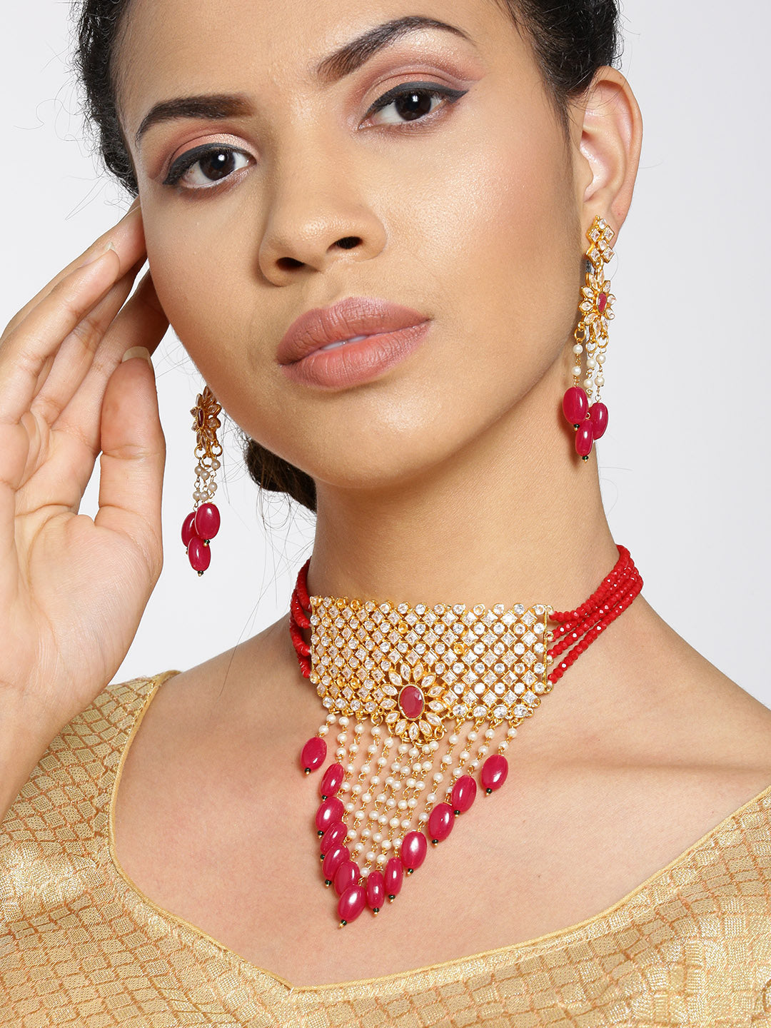 Priyaasi Women Red Beads Ruby Kundan Cubic Zirconia Gold-Polished Jewellery Set - Swadesiicart