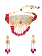 Priyaasi Women Red Beads Ruby Kundan Cubic Zirconia Gold-Polished Jewellery Set - Swadesiicart