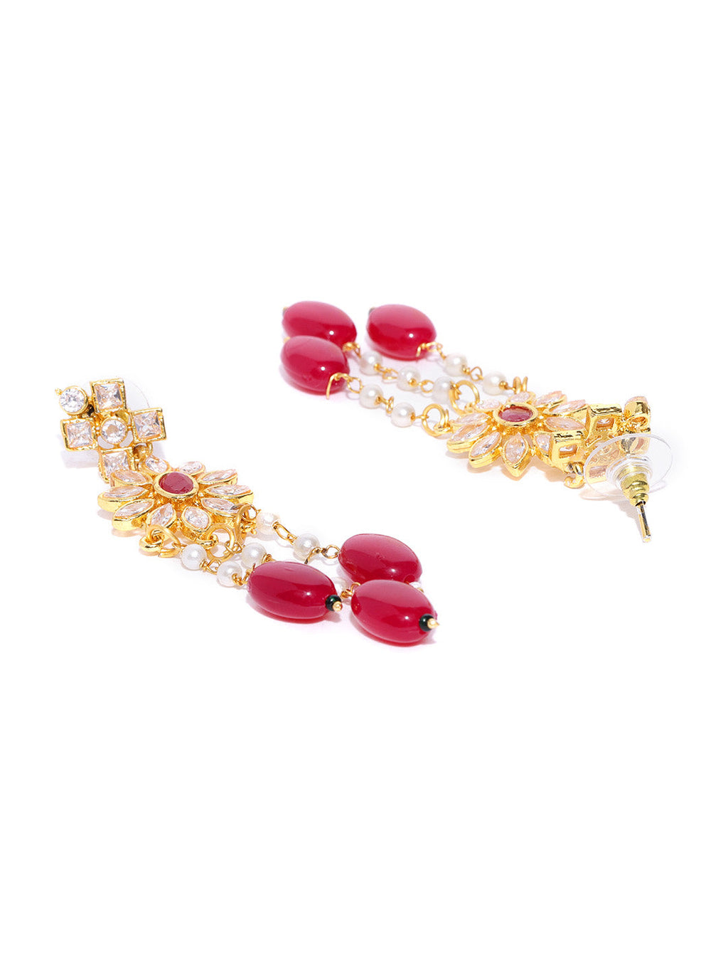 Priyaasi Women Red Beads Ruby Kundan Cubic Zirconia Gold-Polished Jewellery Set - Swadesiicart