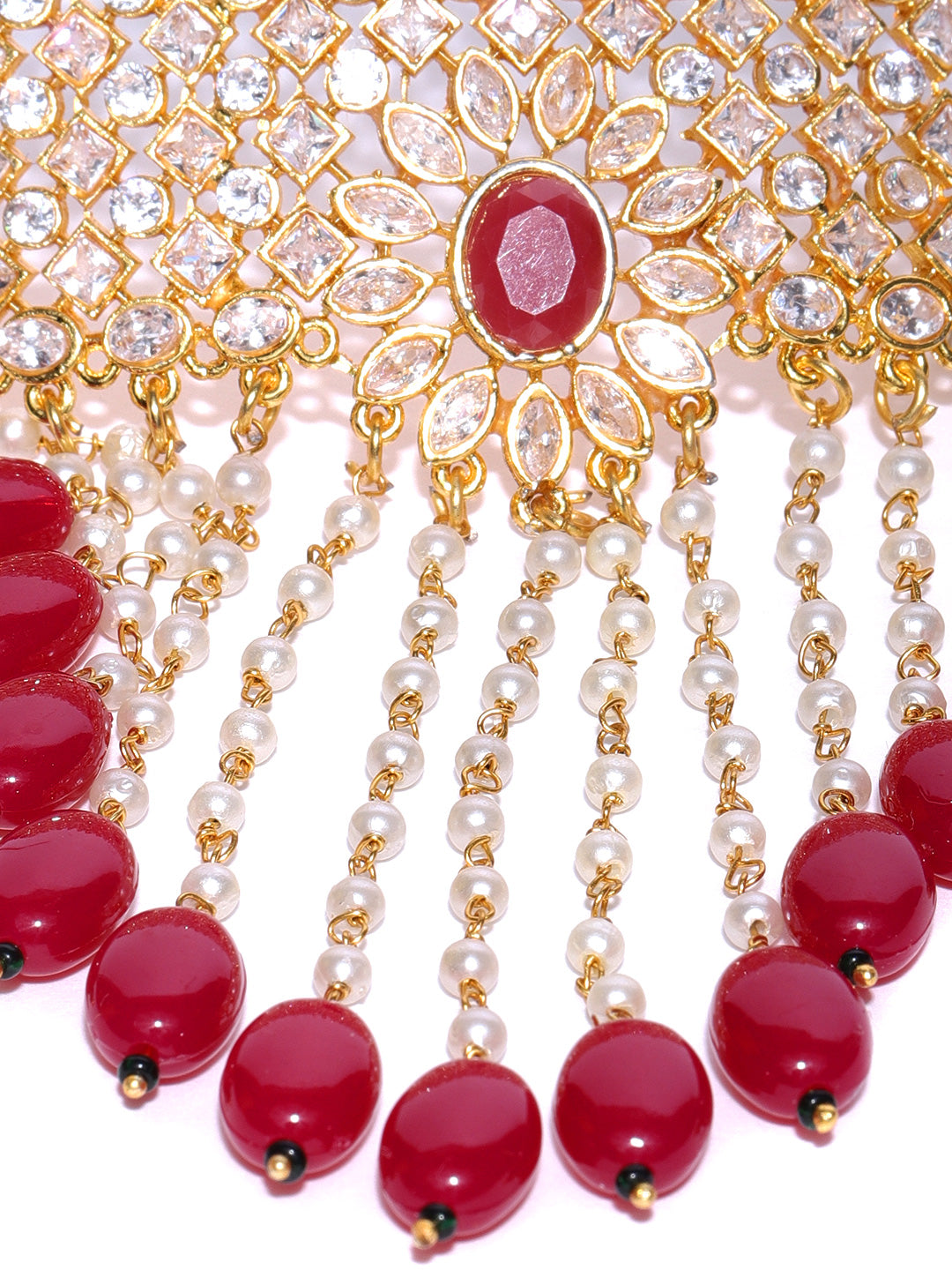 Priyaasi Women Red Beads Ruby Kundan Cubic Zirconia Gold-Polished Jewellery Set - Swadesiicart