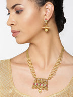 Priyaasi Women White Beads Kundan Ruby Gold-Polished Multistrand Jewellery Set - Swadesiicart