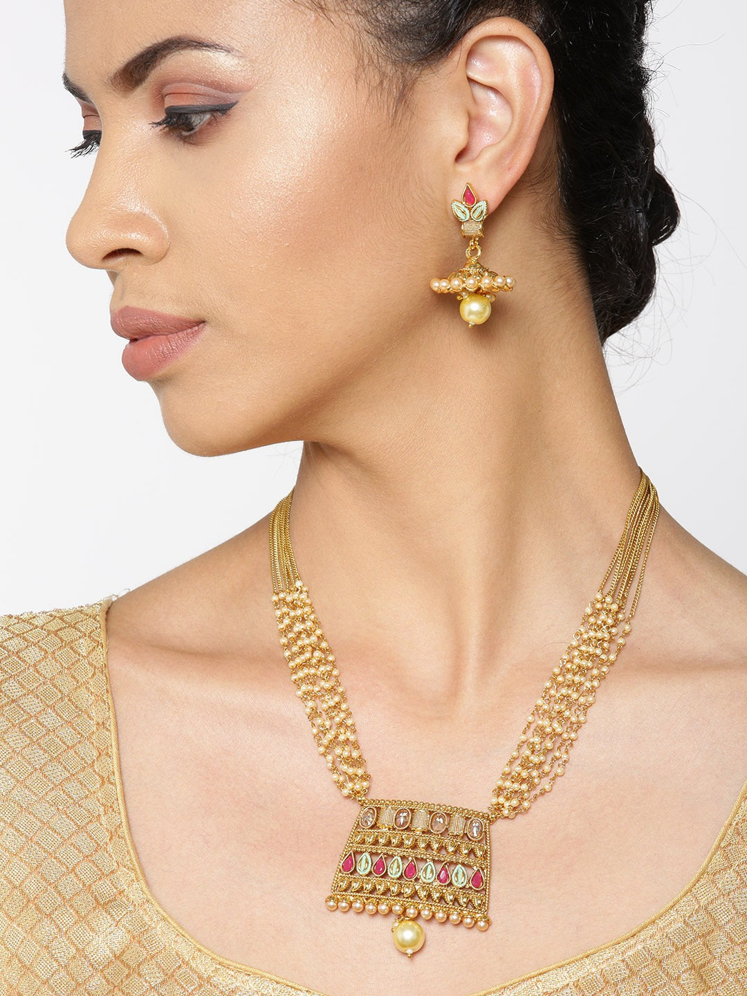 Priyaasi Women White Beads Kundan Ruby Gold-Polished Multistrand Jewellery Set - Swadesiicart