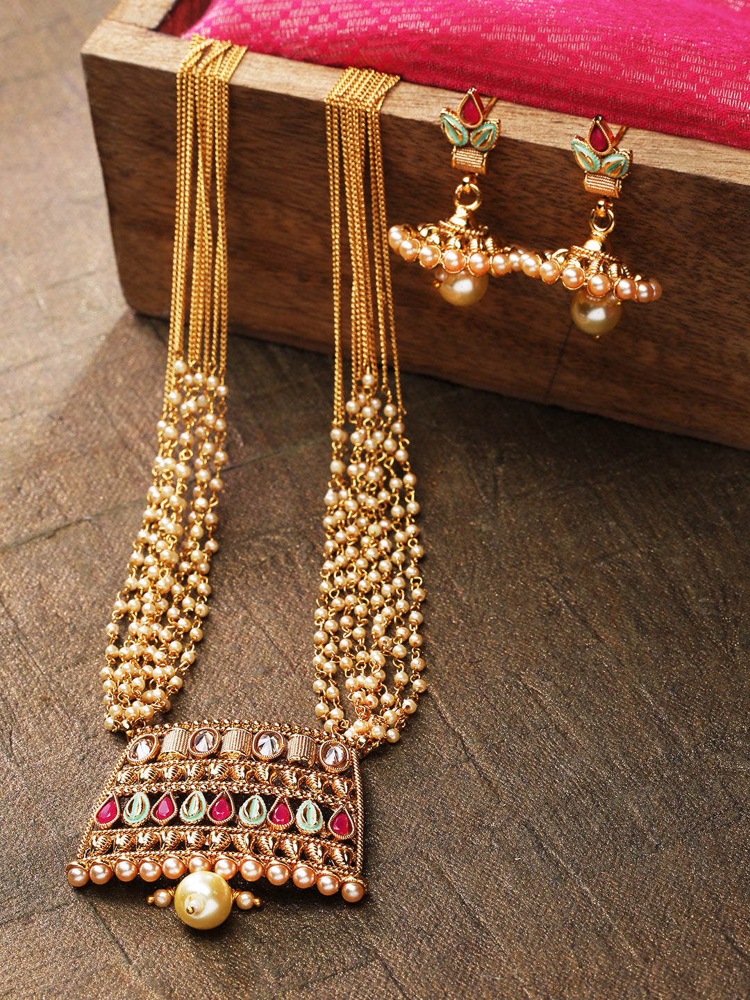 Priyaasi Women White Beads Kundan Ruby Gold-Polished Multistrand Jewellery Set - Noz2Toz