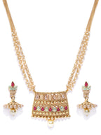 Priyaasi Women White Beads Kundan Ruby Gold-Polished Multistrand Jewellery Set - Swadesiicart
