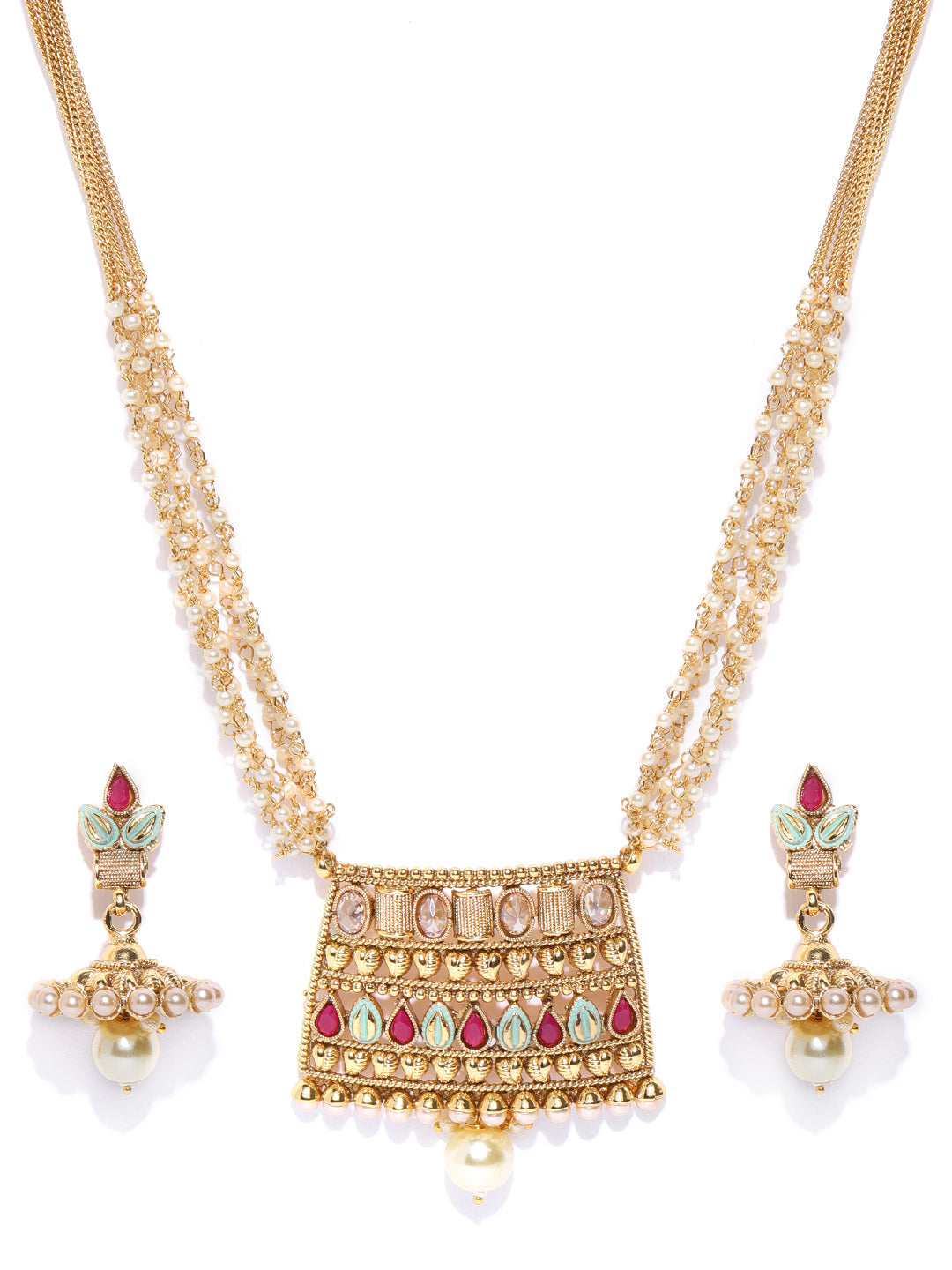 Priyaasi Women White Beads Kundan Ruby Gold-Polished Multistrand Jewellery Set - Swadesiicart