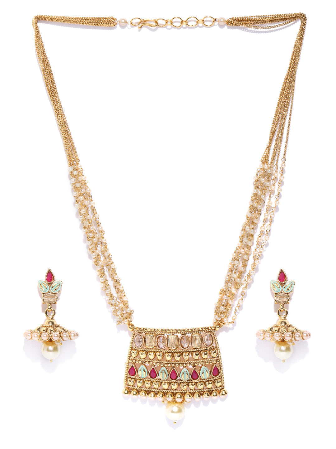 Priyaasi Women White Beads Kundan Ruby Gold-Polished Multistrand Jewellery Set - Swadesiicart