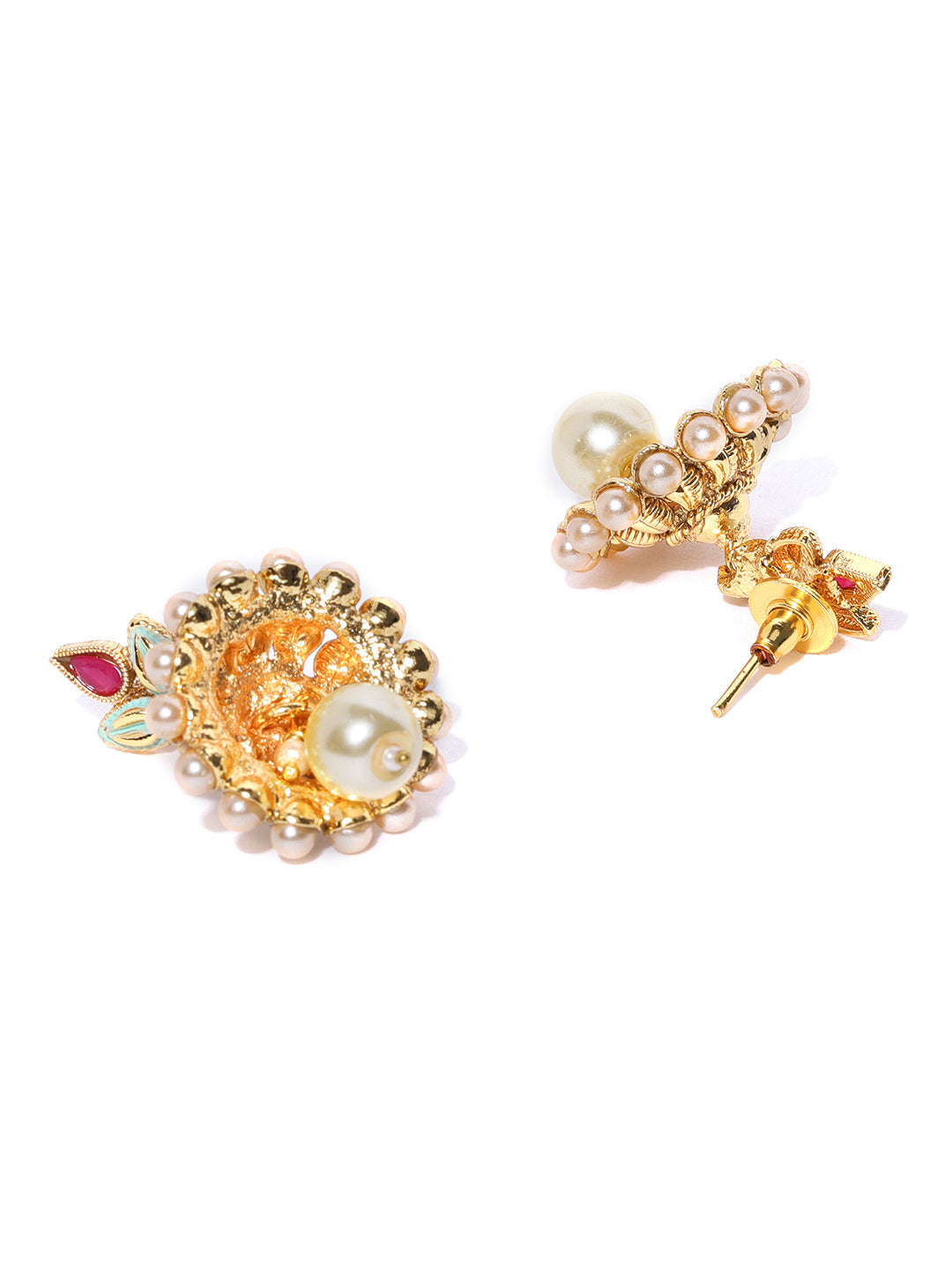 Priyaasi Women White Beads Kundan Ruby Gold-Polished Multistrand Jewellery Set - Swadesiicart