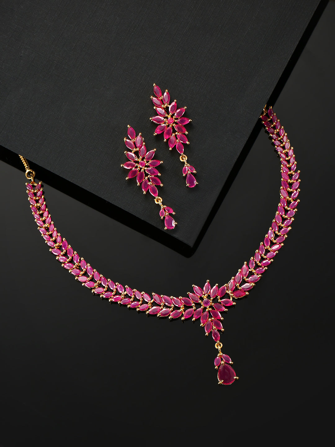 Priyaasi Women Pink Ruby Gold-Polished Floral Jewellery Set - Noz2Toz