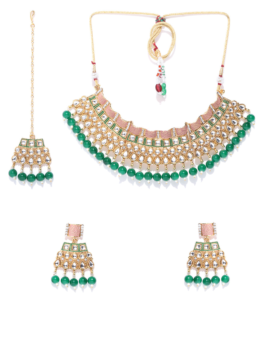 Priyaasi Women Emerald Kundan Gold-Polished MaangTika Jewellery Set - Swadesiicart