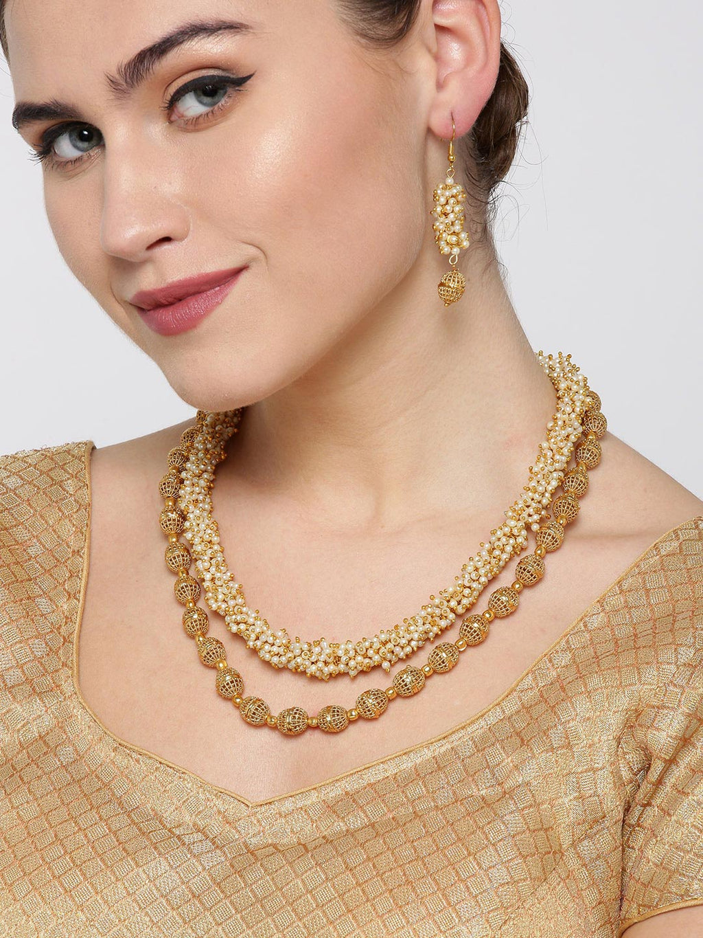 Priyaasi Women White Beads Gold-Polished Jewellery Set - Swadesiicart