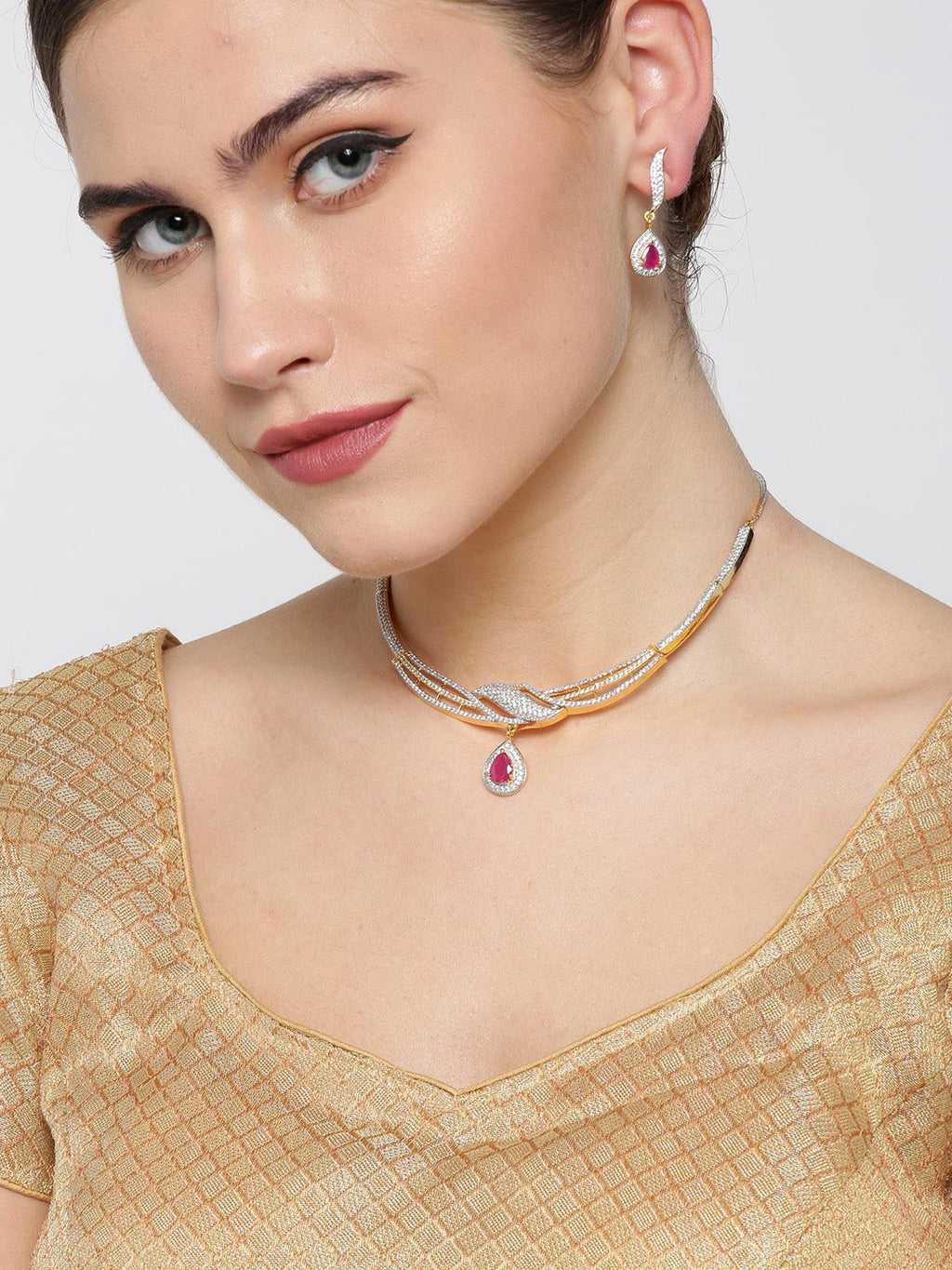 Priyaasi Women Ruby American Diamond Gold-Polished Jewellery Set - Swadesiicart
