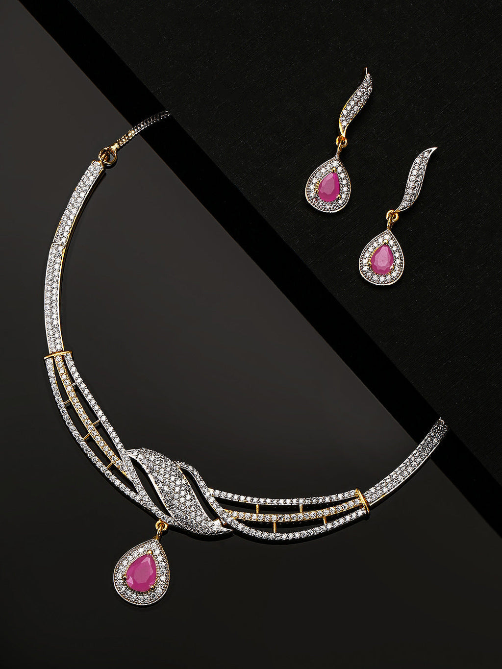 Priyaasi Women Ruby American Diamond Gold-Polished Jewellery Set - Noz2Toz