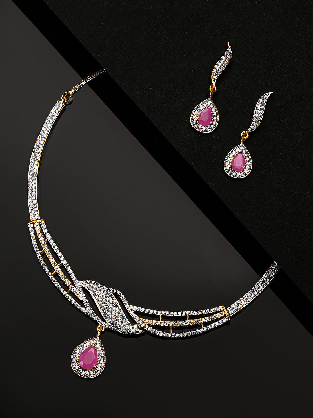 Priyaasi Women Ruby American Diamond Gold-Polished Jewellery Set - Noz2Toz