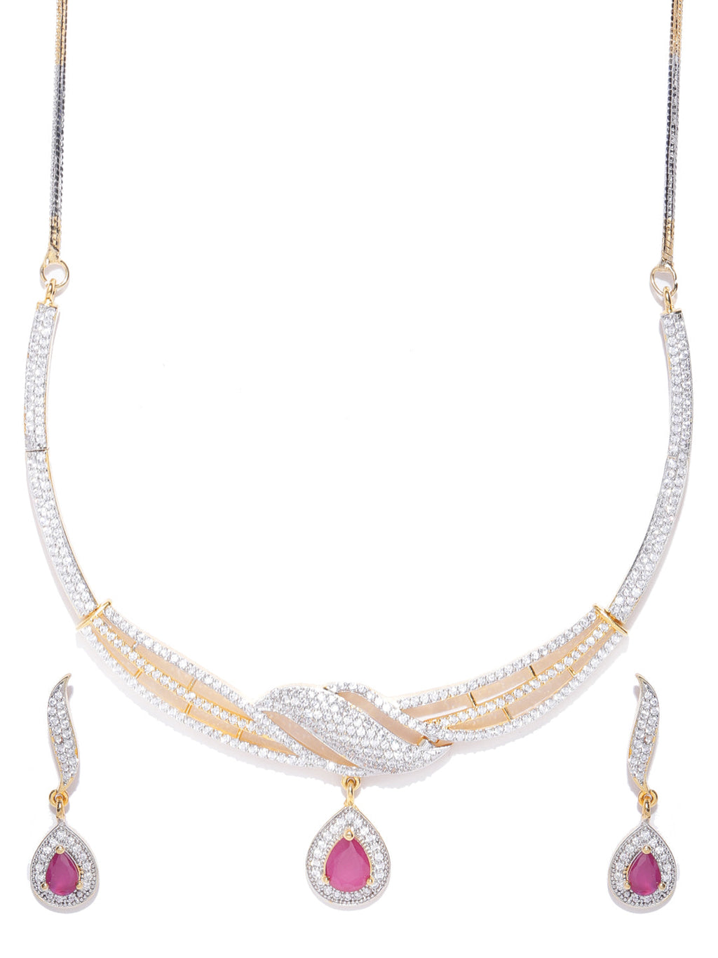 Priyaasi Women Ruby American Diamond Gold-Polished Jewellery Set - Swadesiicart