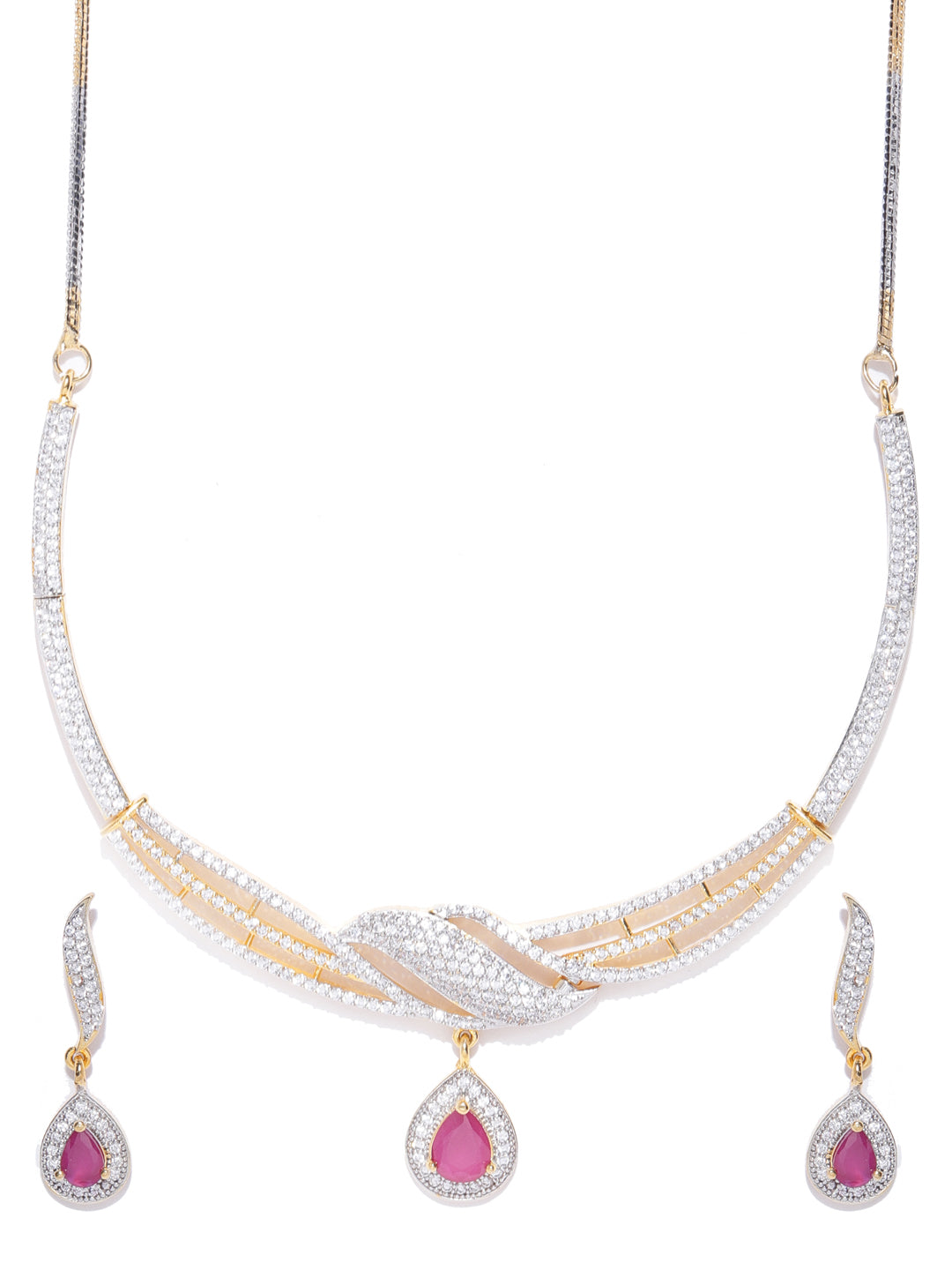 Priyaasi Women Ruby American Diamond Gold-Polished Jewellery Set - Swadesiicart
