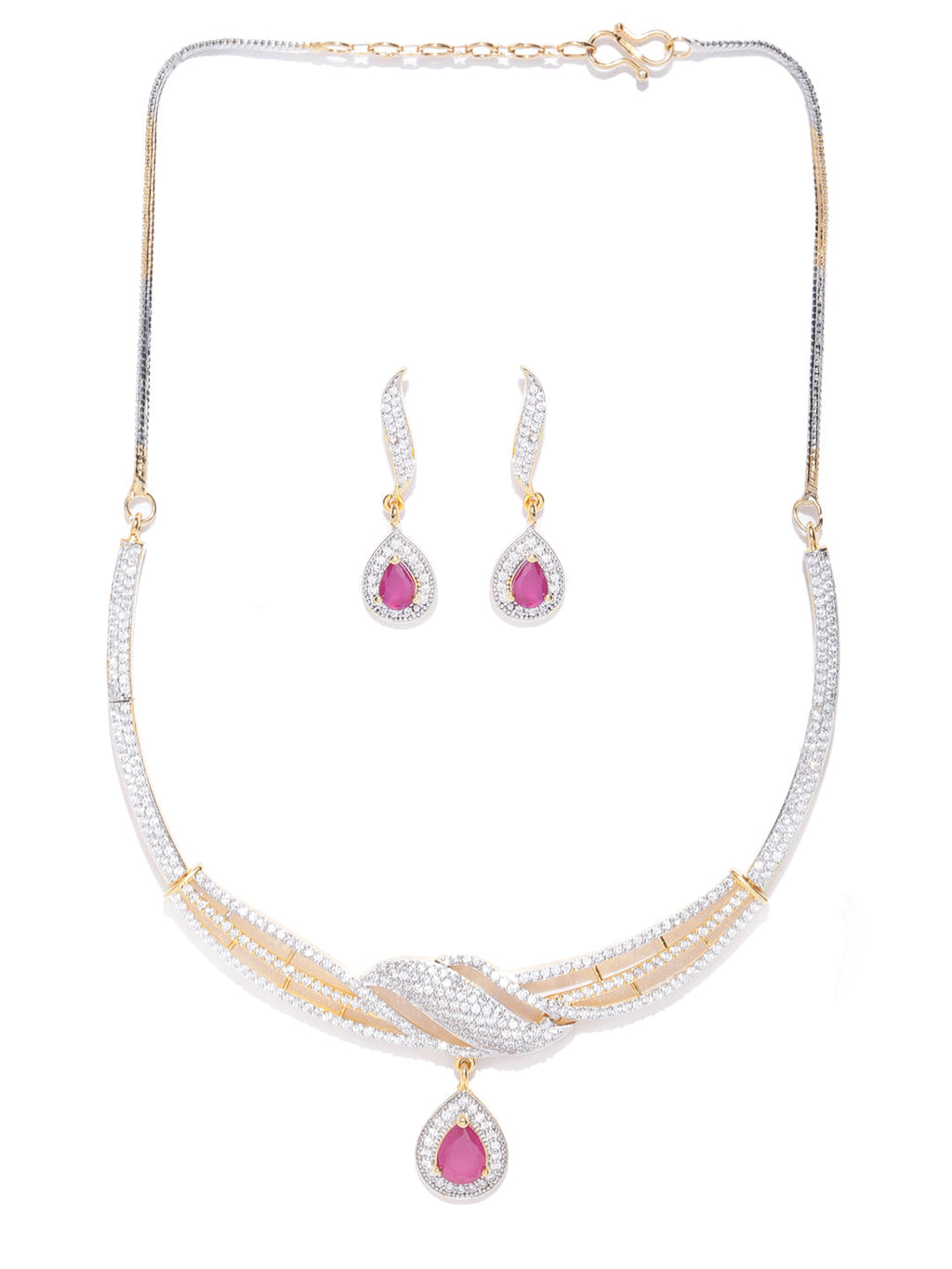 Priyaasi Women Ruby American Diamond Gold-Polished Jewellery Set - Swadesiicart