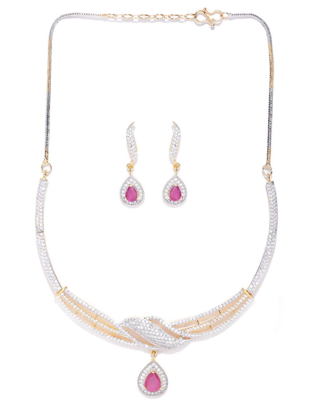 Priyaasi Women Ruby American Diamond Gold-Polished Jewellery Set - Swadesiicart