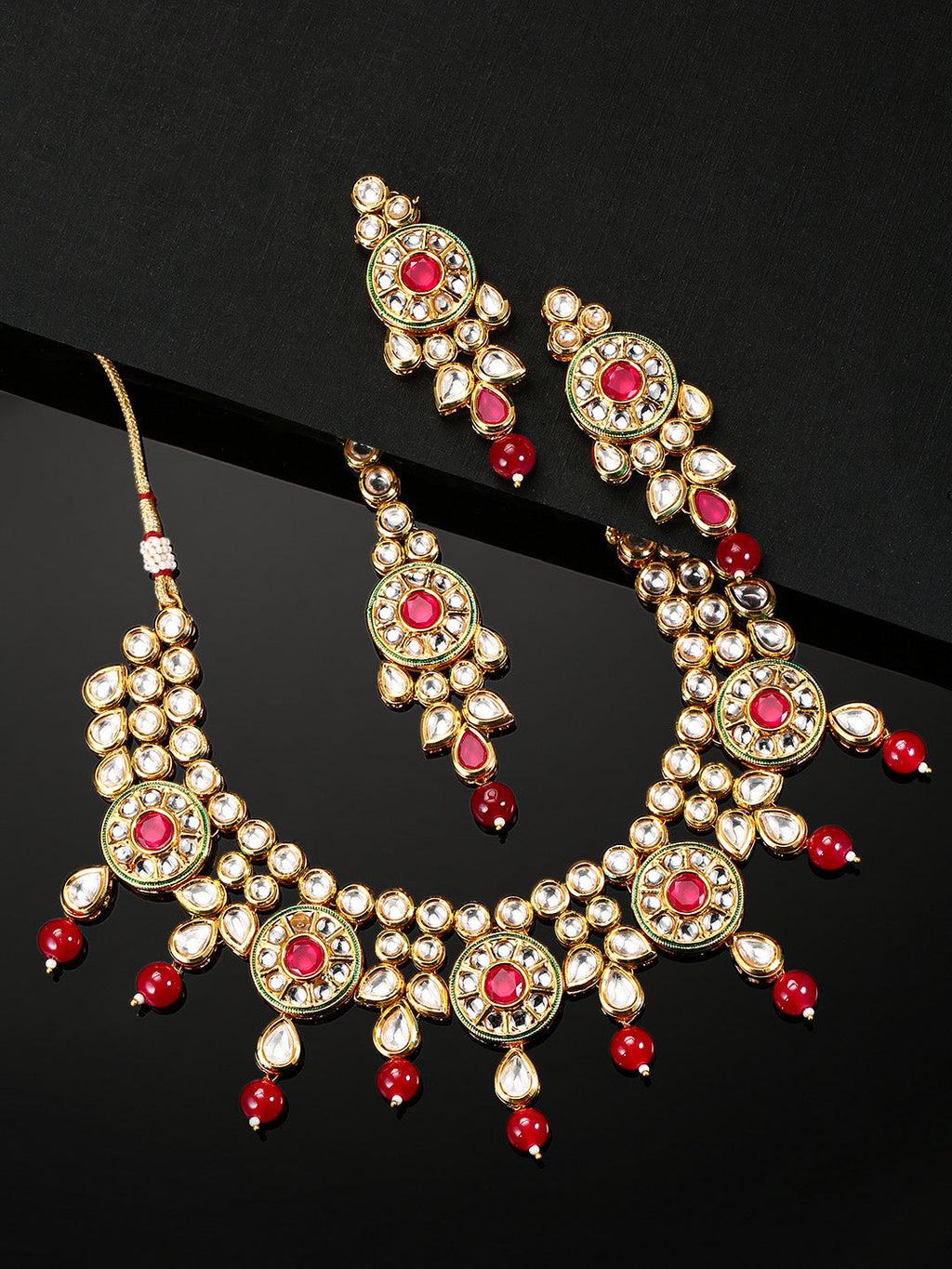 Priyaasi Women Ruby Kundan Gold-Polished MaangTika Jewellery Set - Noz2Toz