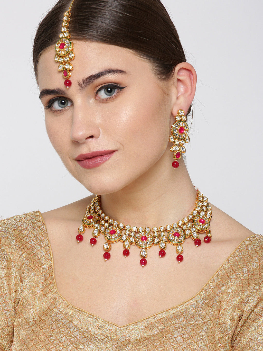 Priyaasi Women Ruby Kundan Gold-Polished MaangTika Jewellery Set - Swadesiicart