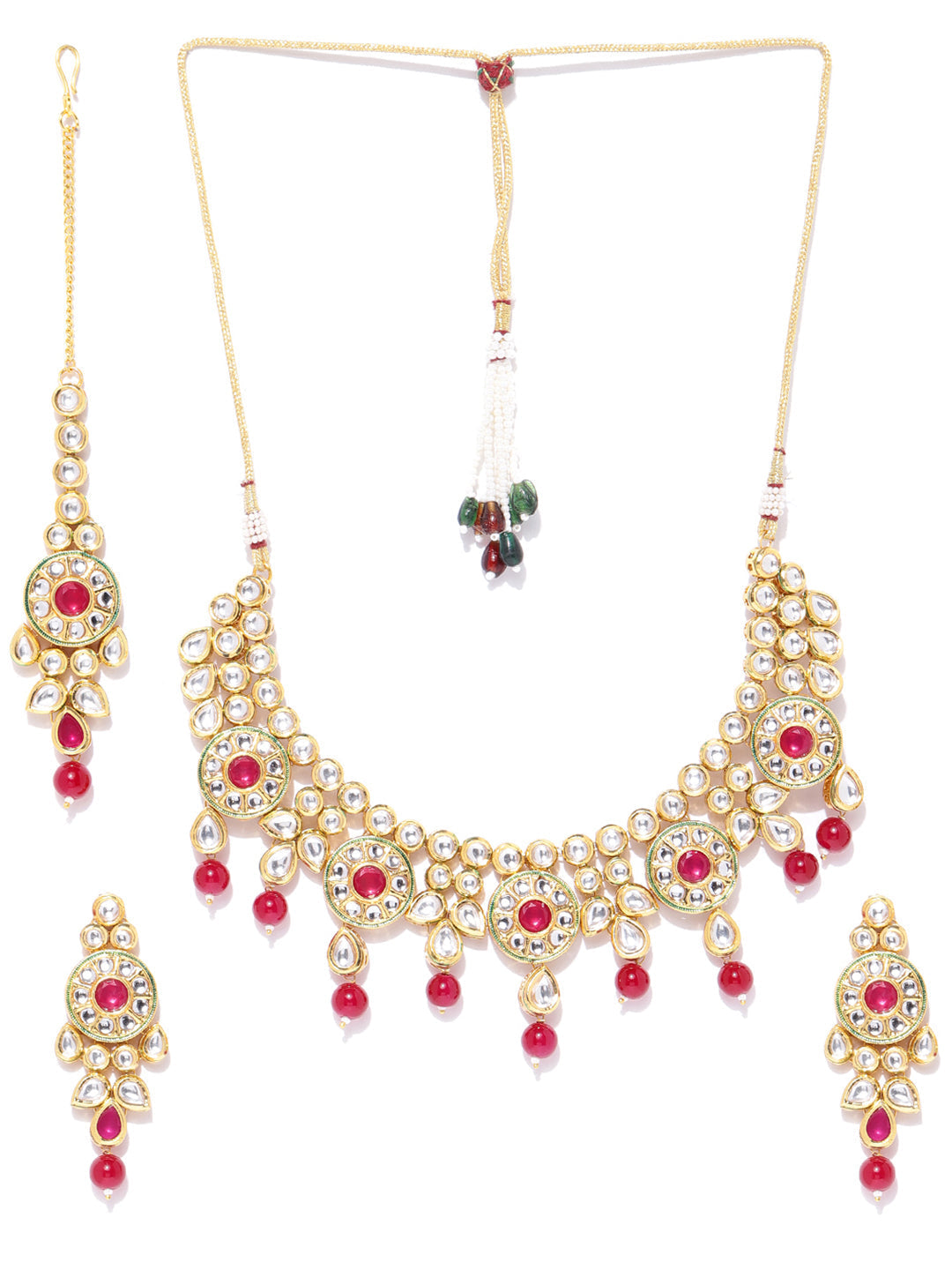 Priyaasi Women Ruby Kundan Gold-Polished MaangTika Jewellery Set - Swadesiicart