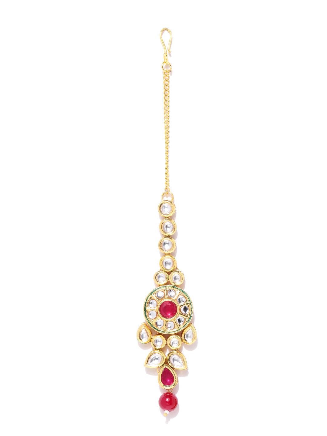 Priyaasi Women Ruby Kundan Gold-Polished MaangTika Jewellery Set - Swadesiicart