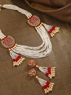 Priyaasi Women White Beads Ruby Pearls Gold-Polished Ranihaar Jewellery Set - Noz2Toz