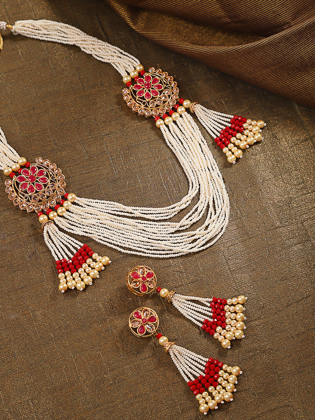 Priyaasi Women White Beads Ruby Pearls Gold-Polished Ranihaar Jewellery Set - Noz2Toz