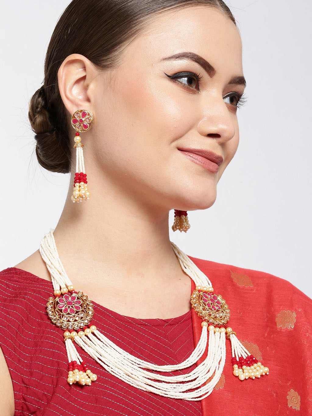 Priyaasi Women White Beads Ruby Pearls Gold-Polished Ranihaar Jewellery Set - Swadesiicart