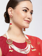 Priyaasi Women White Beads Ruby Pearls Gold-Polished Ranihaar Jewellery Set - Swadesiicart