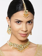 Priyaasi Women Kundan Emerald Beads Gold-Polished MaangTika Jewellery Set - Swadesiicart