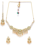 Priyaasi Women Kundan Emerald Beads Gold-Polished MaangTika Jewellery Set - Swadesiicart
