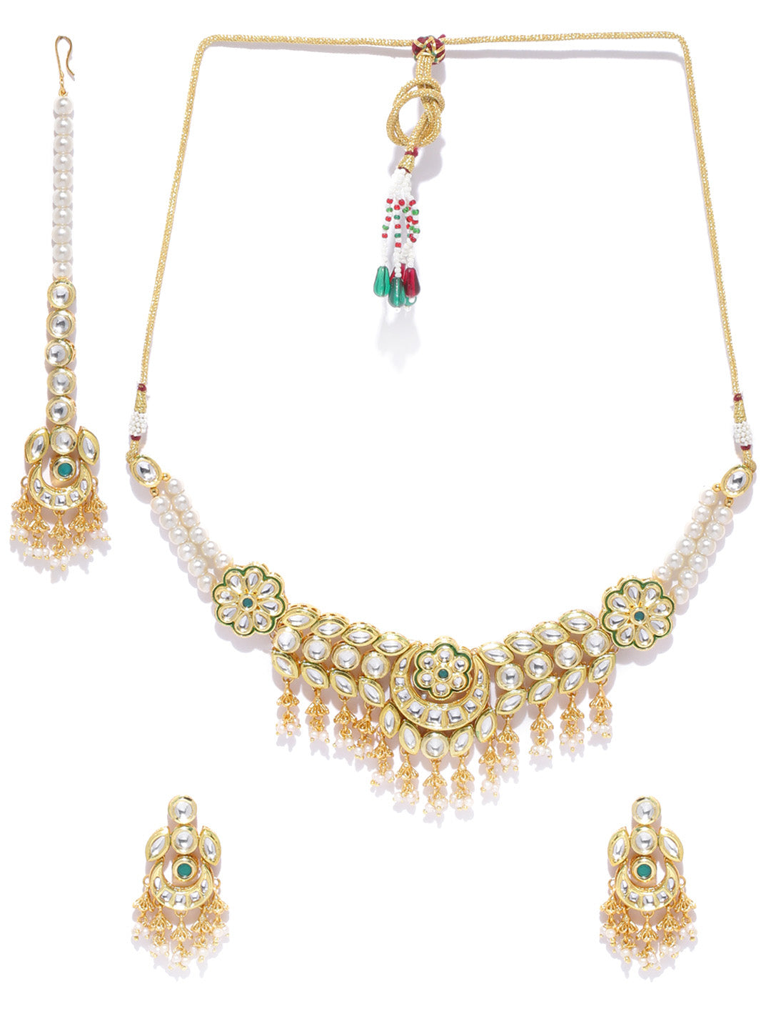 Priyaasi Women Kundan Emerald Beads Gold-Polished MaangTika Jewellery Set - Swadesiicart