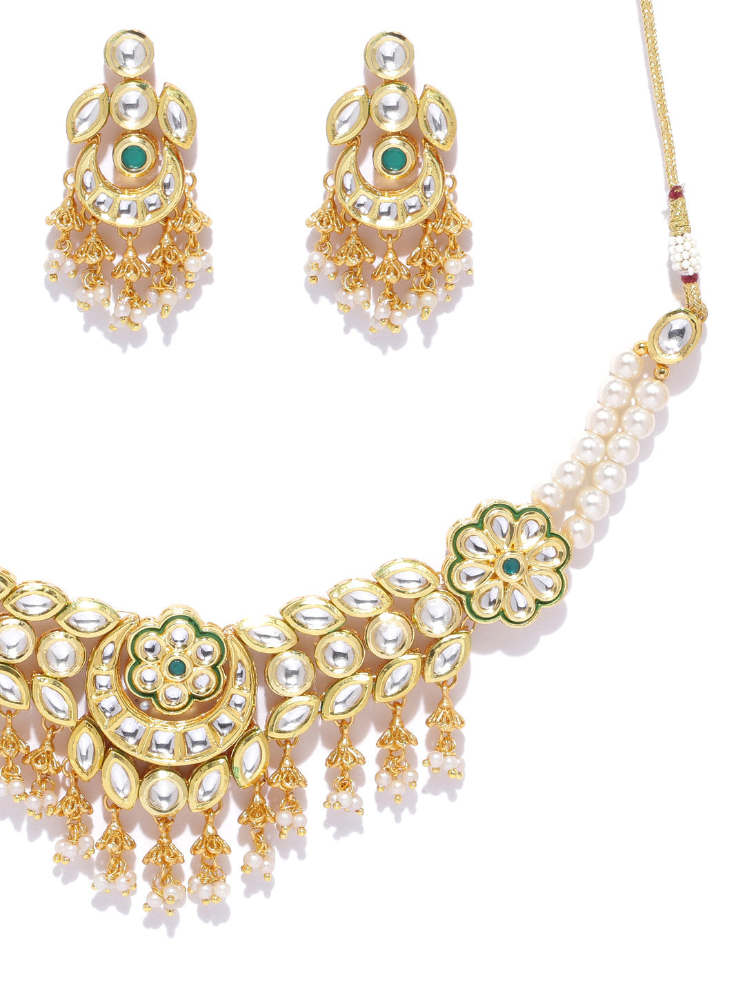 Priyaasi Women Kundan Emerald Beads Gold-Polished MaangTika Jewellery Set - Swadesiicart