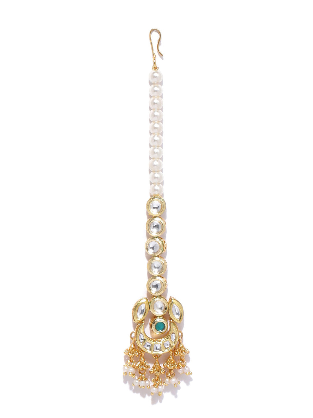 Priyaasi Women Kundan Emerald Beads Gold-Polished MaangTika Jewellery Set - Swadesiicart
