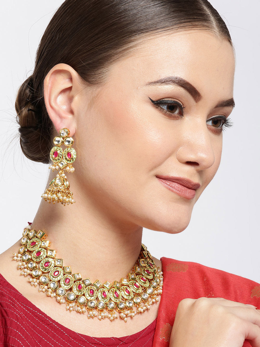 Priyaasi Women Gold-Polished Kundan And Ruby Studded Jewellery Set - Swadesiicart