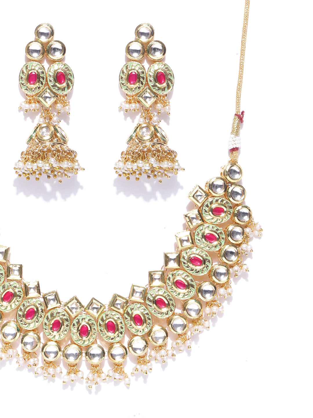 Priyaasi Women Gold-Polished Kundan And Ruby Studded Jewellery Set - Swadesiicart