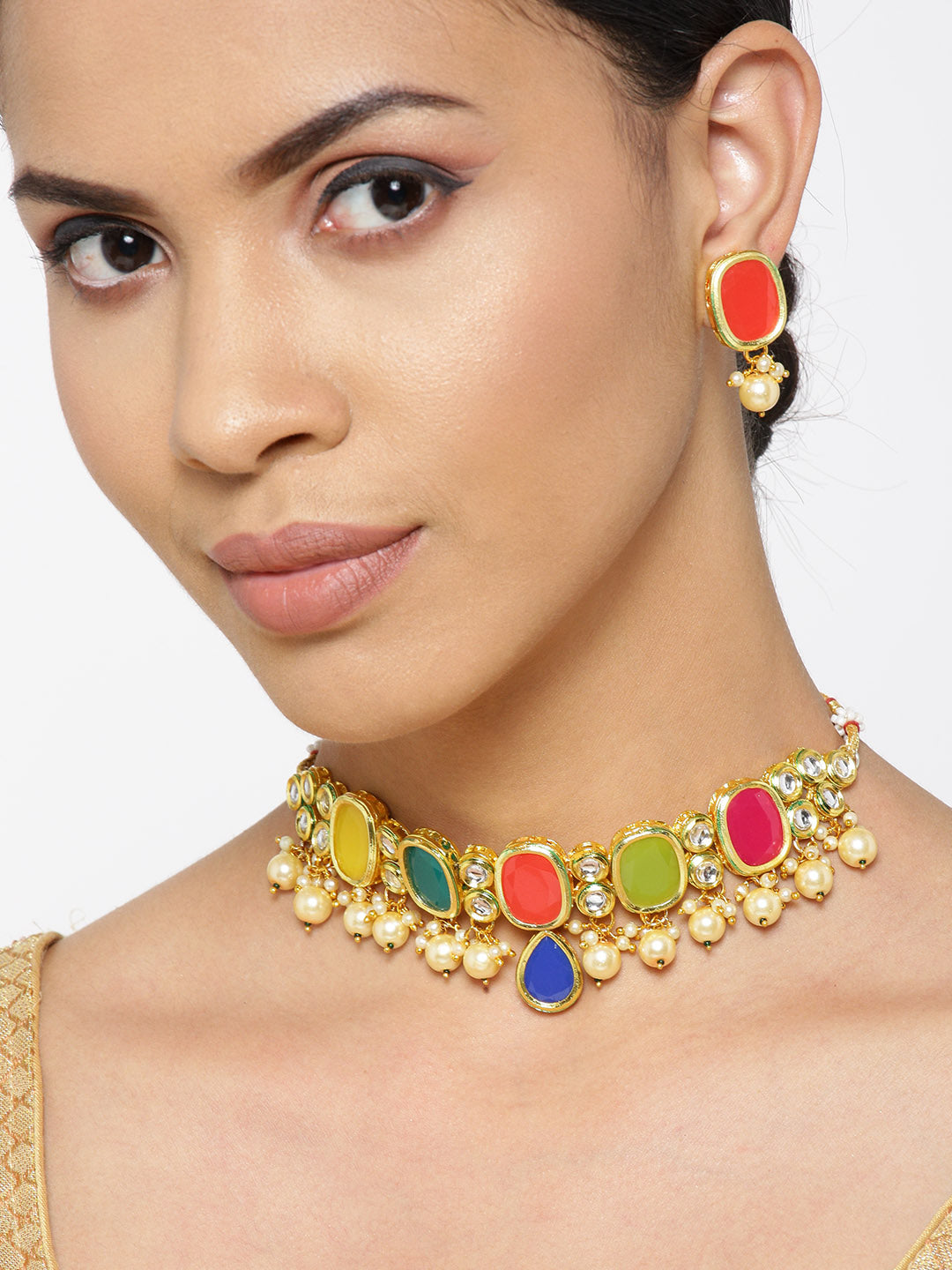 Priyaasi Women Multi-Color Stones Pearls Kundan Gold-Polished Jewellery Set - Noz2Toz