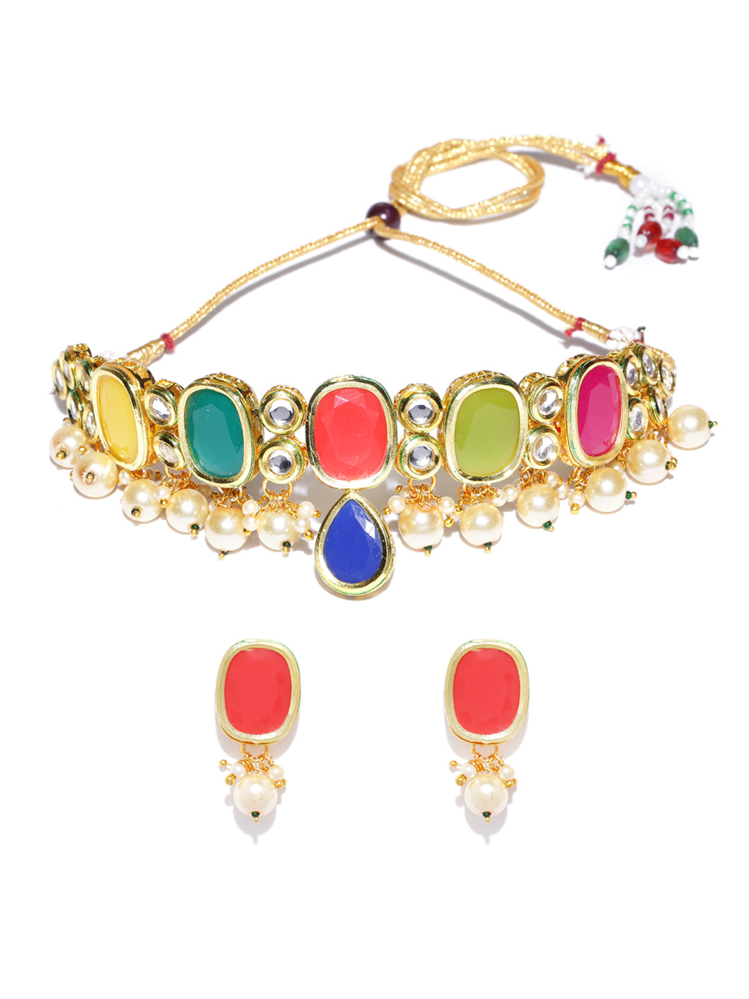 Priyaasi Women Multi-Color Stones Pearls Kundan Gold-Polished Jewellery Set - Swadesiicart