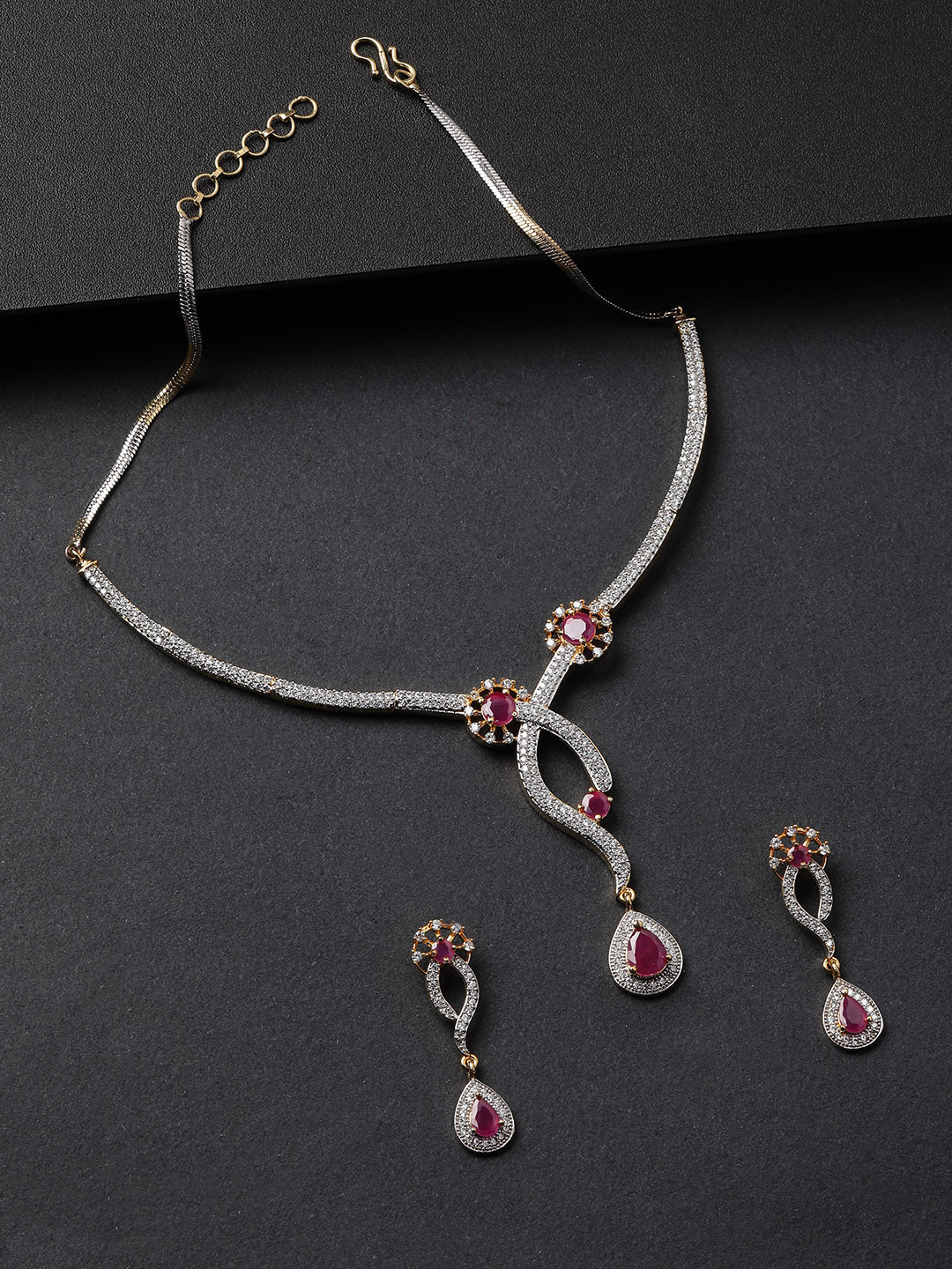 Priyaasi Women Pink Ruby American Diamond Gold-Polished Jewellery Set - Noz2Toz