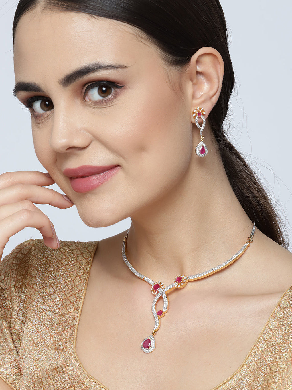 Priyaasi Women Pink Ruby American Diamond Gold-Polished Jewellery Set - Swadesiicart